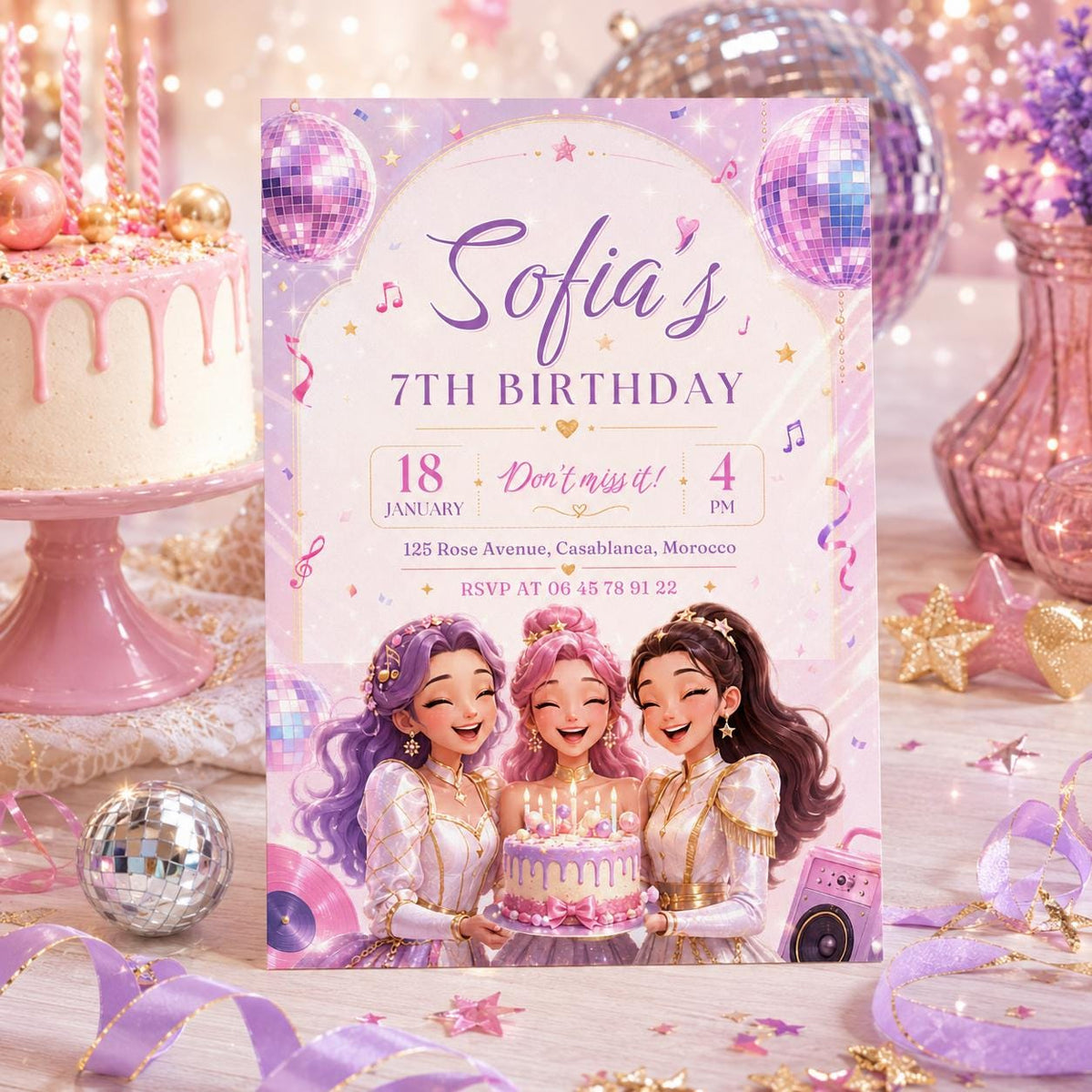 Editable Neon Pop Music Birthday Invitation Canva Template, Girls Concert Ticket Style Bright Glow Party Invite, Printable Digital Download.
