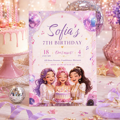 Editable Neon Pop Music Birthday Invitation Canva Template, Girls Concert Ticket Style Bright Glow Party Invite, Printable Digital Download.