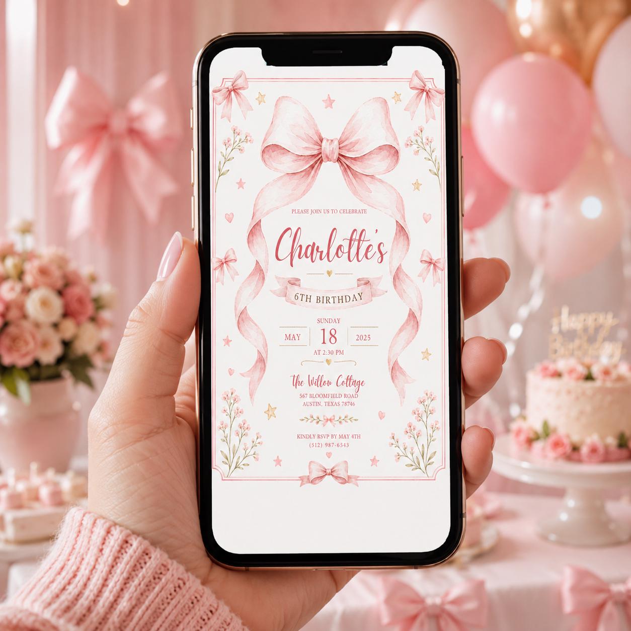 Editable Pink Bow Birthday Invitation Canva Template, Blue Floral Girls Kids Bow Cute Fun DIY Chic Party Invite, Printable Digital Download.