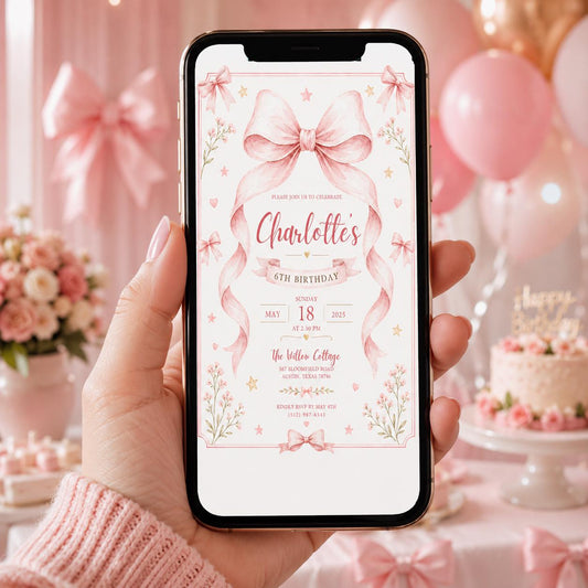 Editable Pink Bow Birthday Invitation Canva Template, Blue Floral Girls Kids Bow Cute Fun DIY Chic Party Invite, Printable Digital Download.