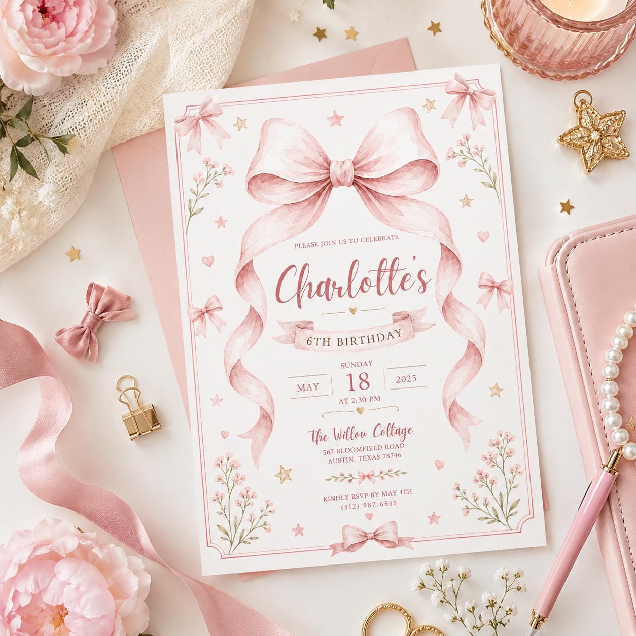 Editable Pink Bow Birthday Invitation Canva Template, Blue Floral Girls Kids Bow Cute Fun DIY Chic Party Invite, Printable Digital Download.