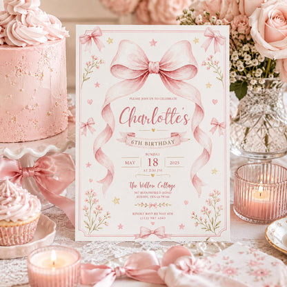 Editable Pink Bow Birthday Invitation Canva Template, Blue Floral Girls Kids Bow Cute Fun DIY Chic Party Invite, Printable Digital Download.