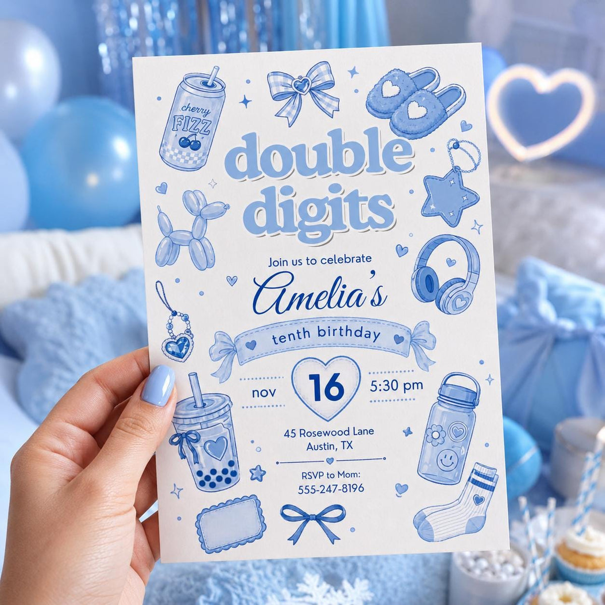 Editable Preppy Birthday Invitation Canva Template, Blue Modern Girls Kids Teens Cute Fun DIY Chic Party Invite, Printable Digital Download.