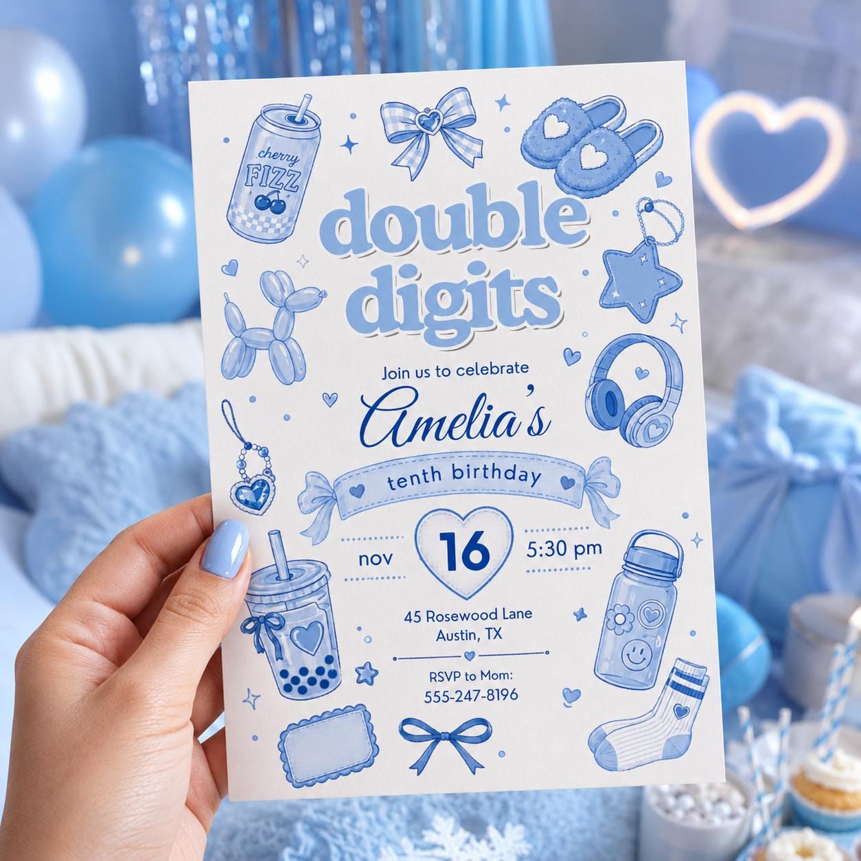 Editable Preppy Birthday Invitation Canva Template, Blue Modern Girls Kids Teens Cute Fun DIY Chic Party Invite, Printable Digital Download.