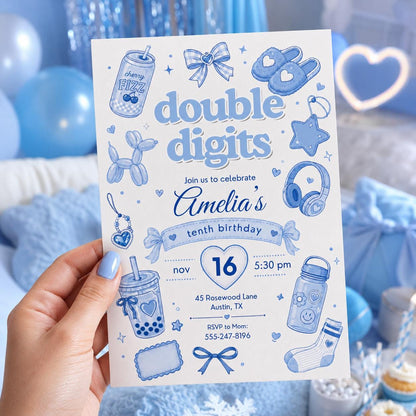 Editable Preppy Birthday Invitation Canva Template, Blue Modern Girls Kids Teens Cute Fun DIY Chic Party Invite, Printable Digital Download.