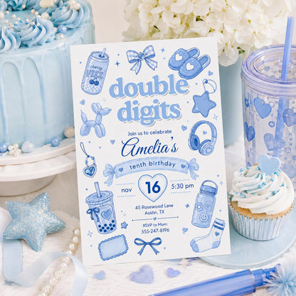Editable Preppy Birthday Invitation Canva Template, Blue Modern Girls Kids Teens Cute Fun DIY Chic Party Invite, Printable Digital Download.