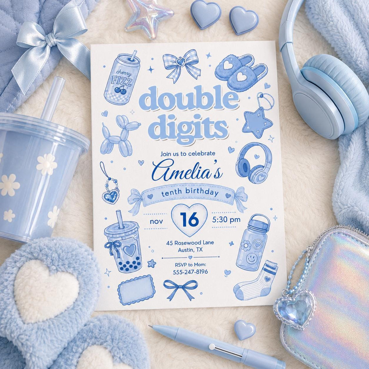 Editable Preppy Birthday Invitation Canva Template, Blue Modern Girls Kids Teens Cute Fun DIY Chic Party Invite, Printable Digital Download.