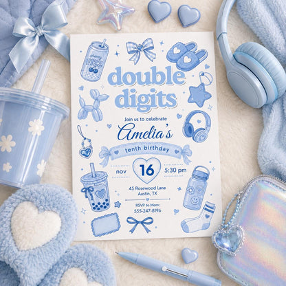 Editable Preppy Birthday Invitation Canva Template, Blue Modern Girls Kids Teens Cute Fun DIY Chic Party Invite, Printable Digital Download.
