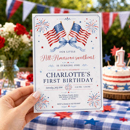 Editable All American Birthday Invitation Canva Template, Blue White Red Girls Kids Modern Fun DIY Party Invite, Printable Digital Download.