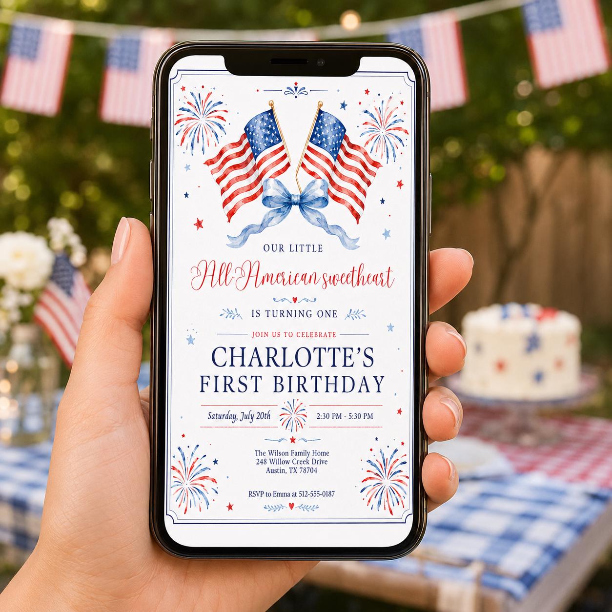 Editable All American Birthday Invitation Canva Template, Blue White Red Girls Kids Modern Fun DIY Party Invite, Printable Digital Download.