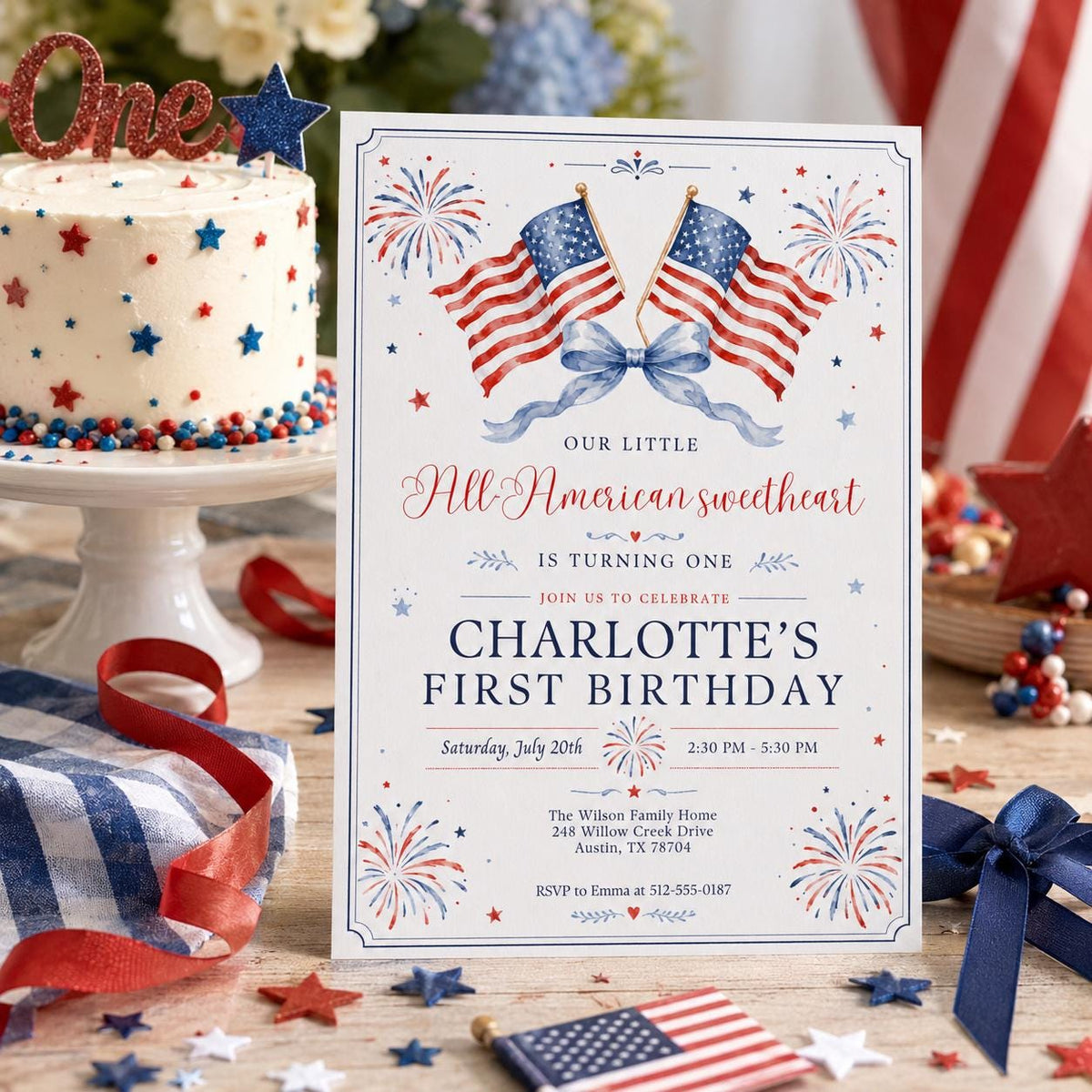 Editable All American Birthday Invitation Canva Template, Blue White Red Girls Kids Modern Fun DIY Party Invite, Printable Digital Download.
