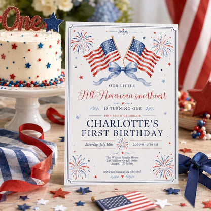 Editable All American Birthday Invitation Canva Template, Blue White Red Girls Kids Modern Fun DIY Party Invite, Printable Digital Download.