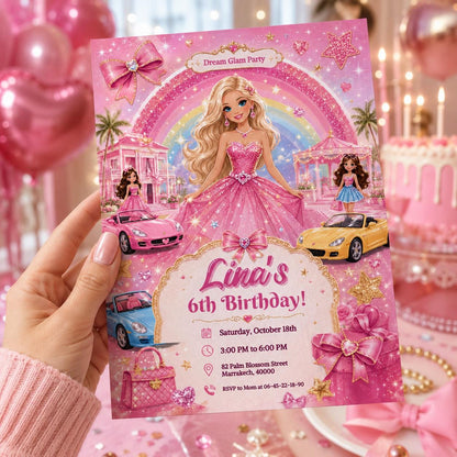 Editable Fashion Doll Birthday Invitation Canva Template, Pink Girls Cute Modern Fun DIY Chic Kids Party Invite, Printable Digital Download.