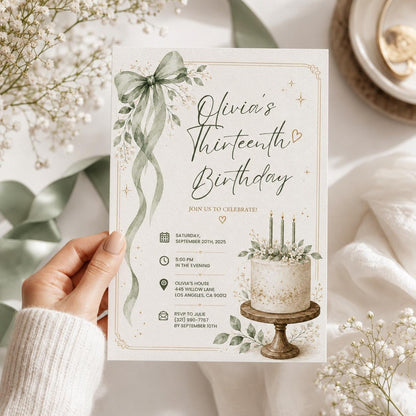 Editable Green Birthday Invitation Canva Template, Blue Floral Girls Teens Cute Fun DIY Sweet Chic Party Invite, Printable Digital Download.