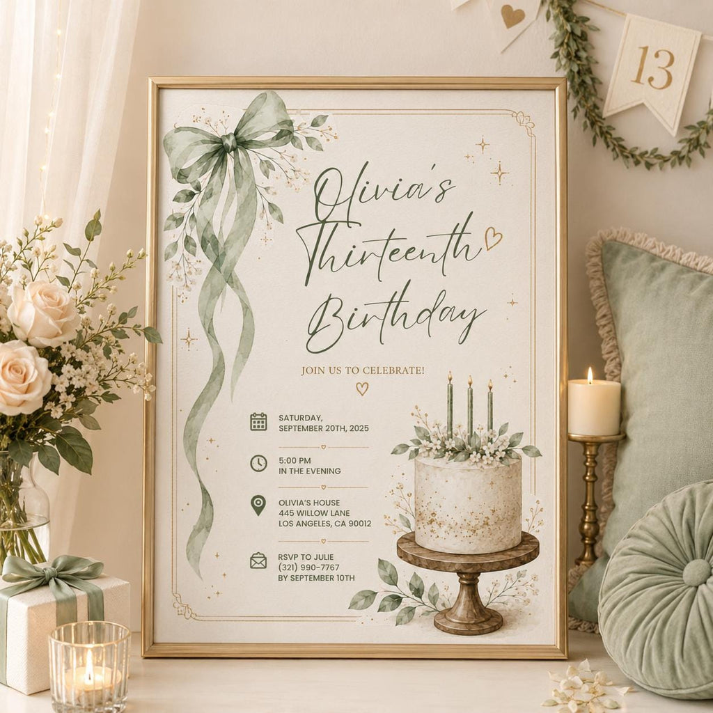 Editable Green Birthday Invitation Canva Template, Blue Floral Girls Teens Cute Fun DIY Sweet Chic Party Invite, Printable Digital Download.