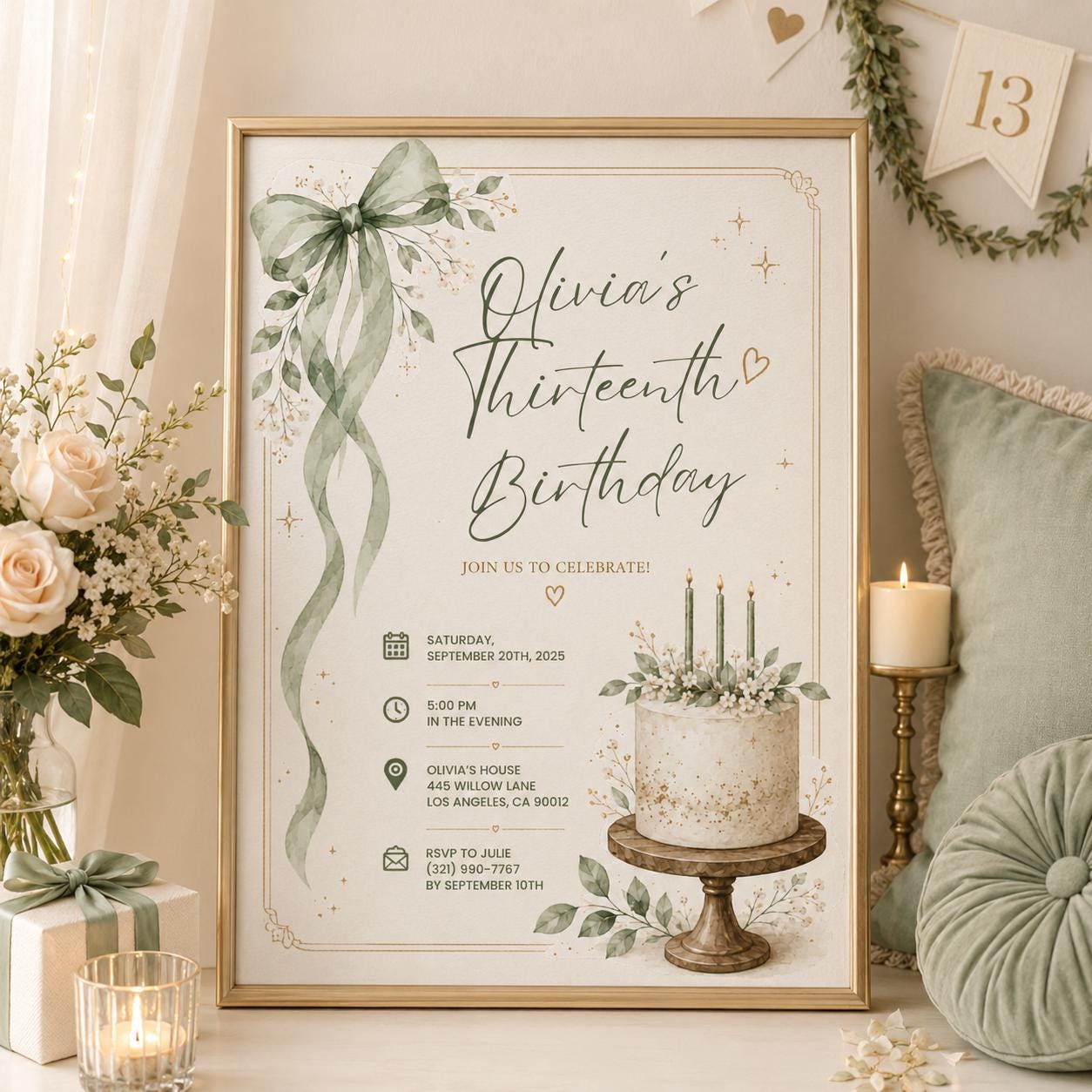 Editable Green Birthday Invitation Canva Template, Blue Floral Girls Teens Cute Fun DIY Sweet Chic Party Invite, Printable Digital Download.