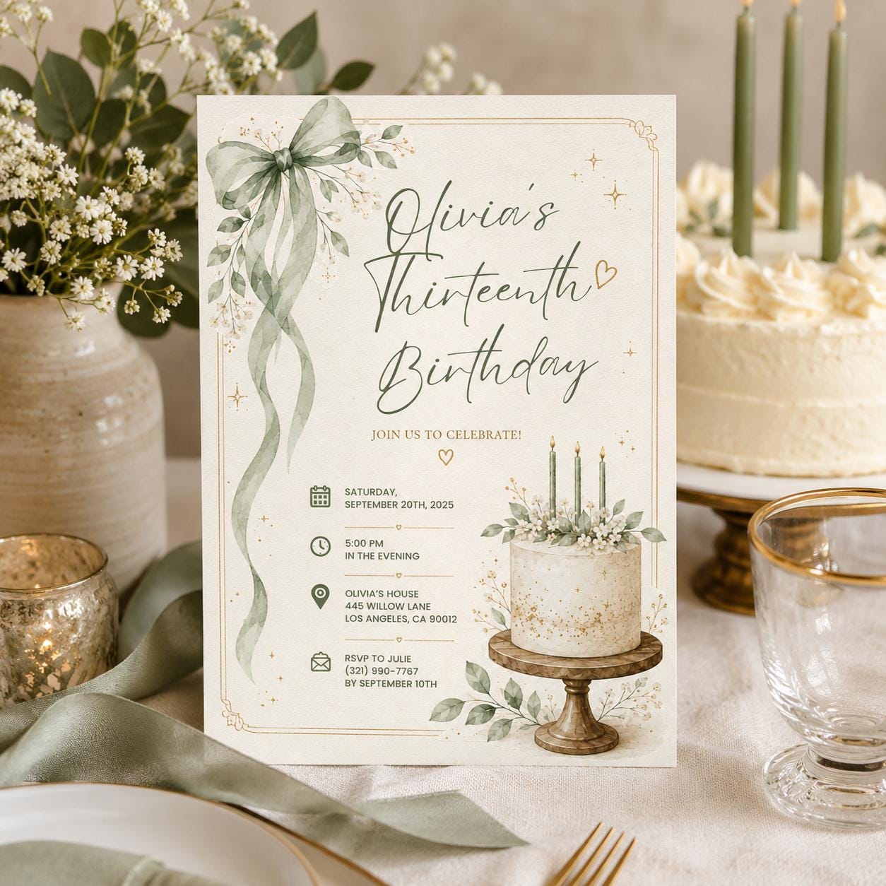 Editable Green Birthday Invitation Canva Template, Blue Floral Girls Teens Cute Fun DIY Sweet Chic Party Invite, Printable Digital Download.