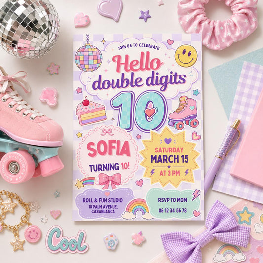 Editable Preppy Birthday Invitation Canva Template, Retro Girls Kids Teens Cute Fun DIY Sweet Chic Party Invite, Printable Digital Download.