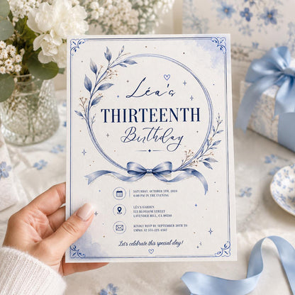 Editable Blue Birthday Invitation Canva Template, Floral Trendy Girls Teens Cute Fun DIY Chic Kids Party Invite, Printable Digital Download.