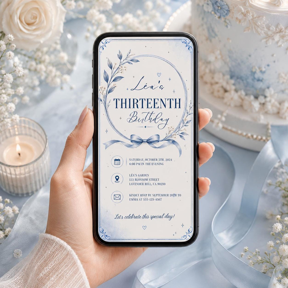 Editable Blue Birthday Invitation Canva Template, Floral Trendy Girls Teens Cute Fun DIY Chic Kids Party Invite, Printable Digital Download.