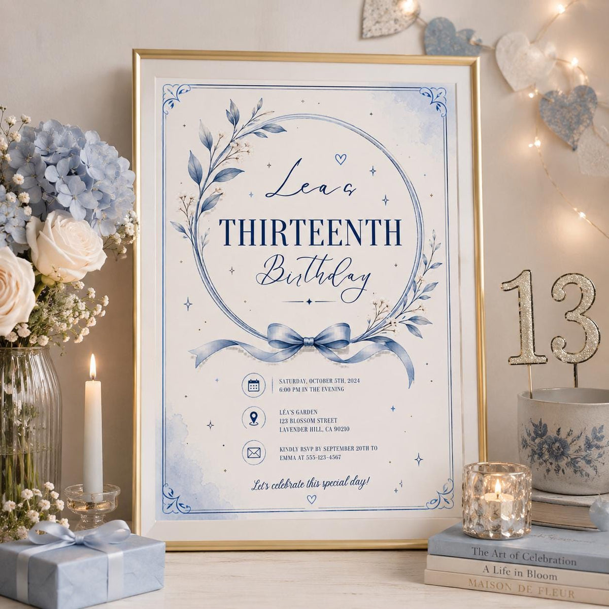 Editable Blue Birthday Invitation Canva Template, Floral Trendy Girls Teens Cute Fun DIY Chic Kids Party Invite, Printable Digital Download.
