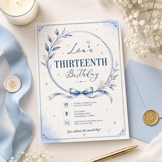 Editable Blue Birthday Invitation Canva Template, Floral Trendy Girls Teens Cute Fun DIY Chic Kids Party Invite, Printable Digital Download.