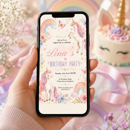Editable Unicorn Birthday Invitation Canva Template, Pink Pastel Girls Kids Cute Fun DIY Chic Teen Party Invite, Printable Digital Download.