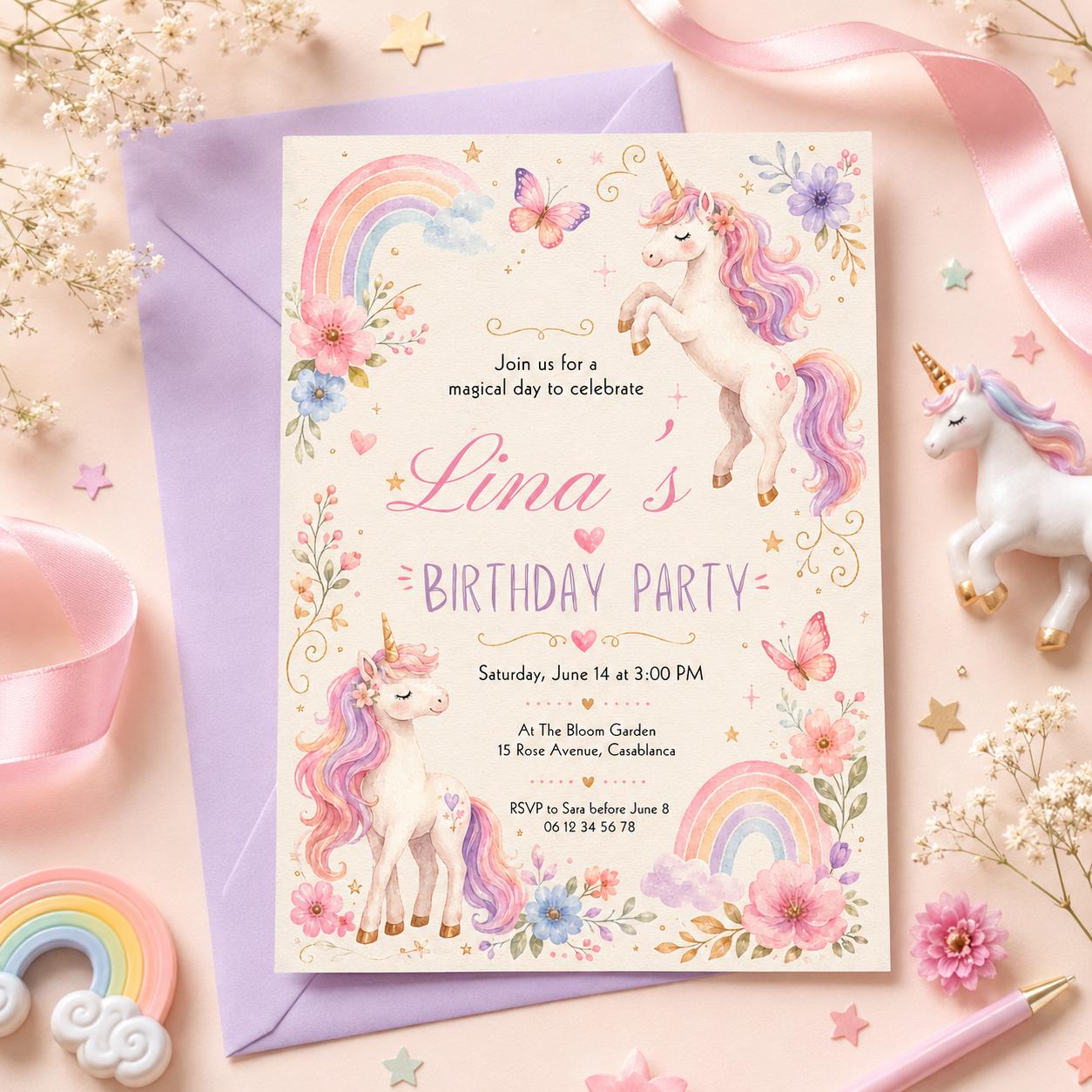 Editable Unicorn Birthday Invitation Canva Template, Pink Pastel Girls Kids Cute Fun DIY Chic Teen Party Invite, Printable Digital Download.