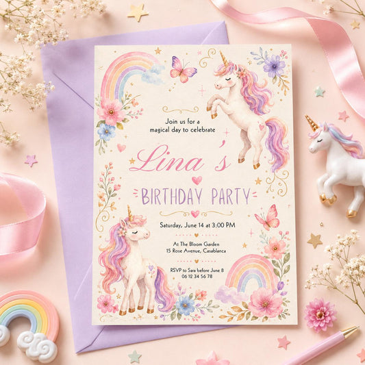 Editable Unicorn Birthday Invitation Canva Template, Pink Pastel Girls Kids Cute Fun DIY Chic Teen Party Invite, Printable Digital Download.