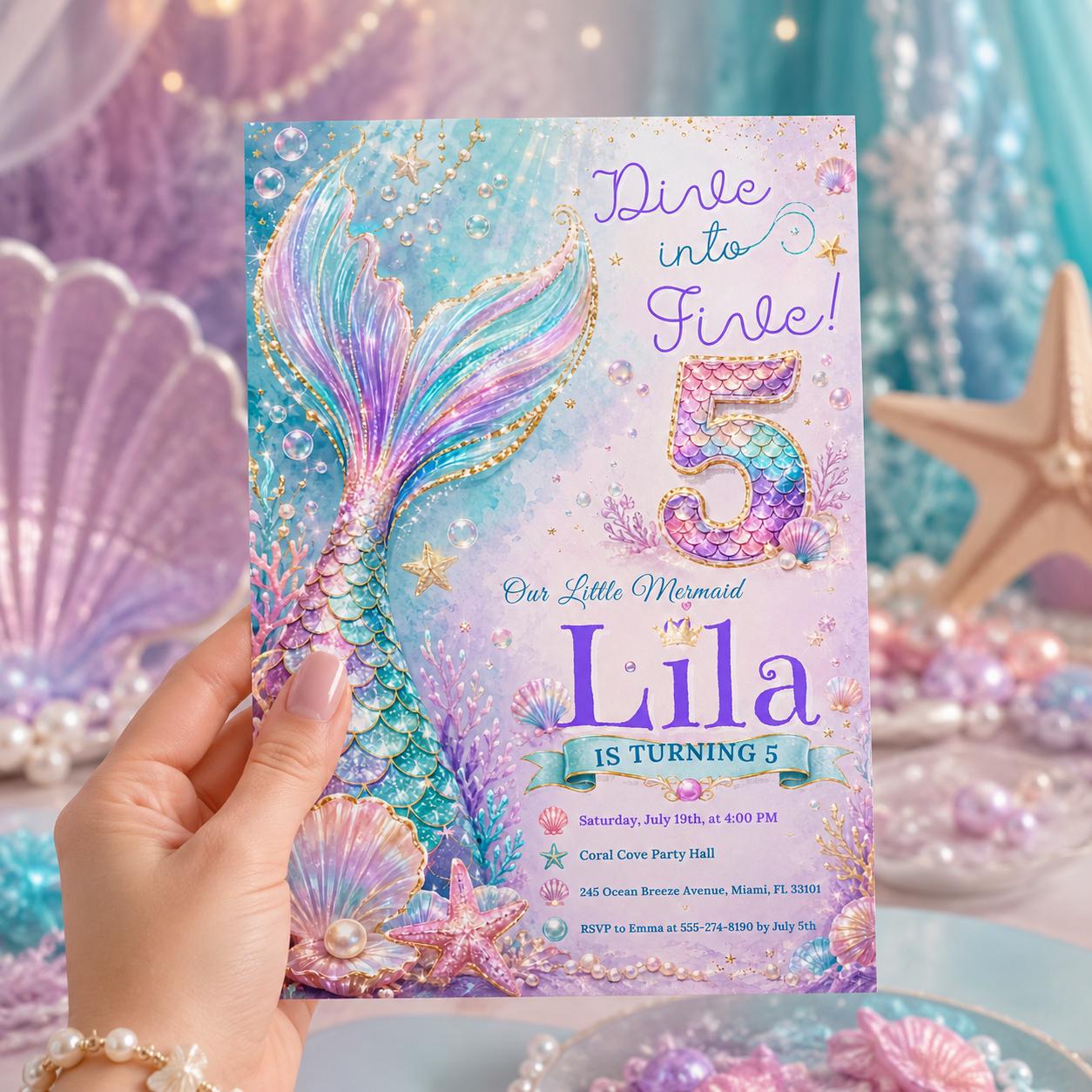 Editable Mermaid Birthday Invitation Canva Template, Pink Blue Purple Neon Girls Kids Cute Fun DIY Party Invite, Printable Digital Download.