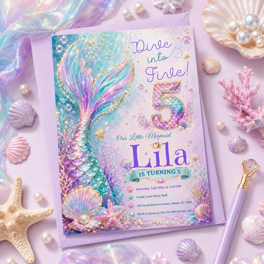 Editable Mermaid Birthday Invitation Canva Template, Pink Blue Purple Neon Girls Kids Cute Fun DIY Party Invite, Printable Digital Download.