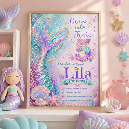 Editable Mermaid Birthday Invitation Canva Template, Pink Blue Purple Neon Girls Kids Cute Fun DIY Party Invite, Printable Digital Download.