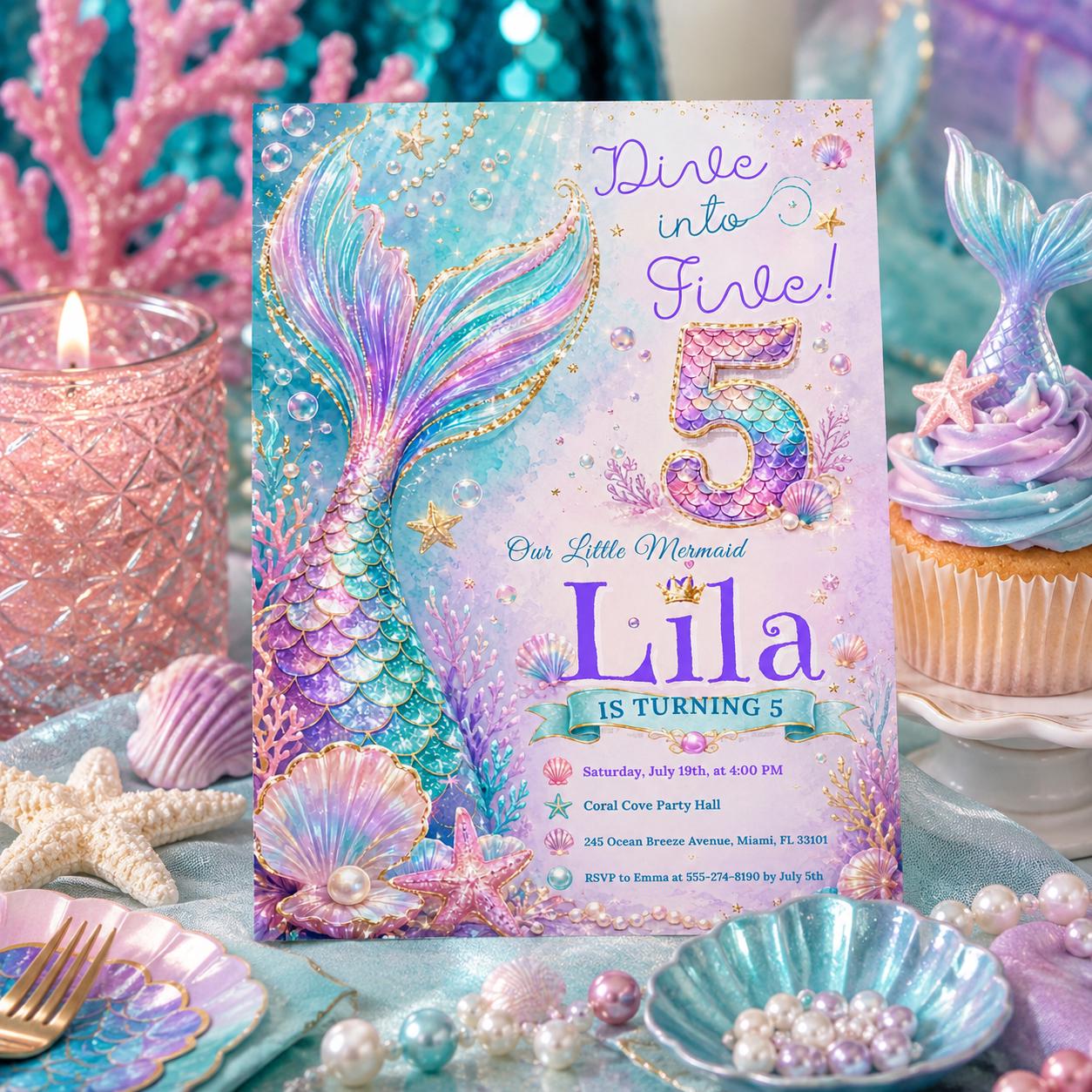 Editable Mermaid Birthday Invitation Canva Template, Pink Blue Purple Neon Girls Kids Cute Fun DIY Party Invite, Printable Digital Download.