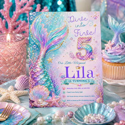 Editable Mermaid Birthday Invitation Canva Template, Pink Blue Purple Neon Girls Kids Cute Fun DIY Party Invite, Printable Digital Download.