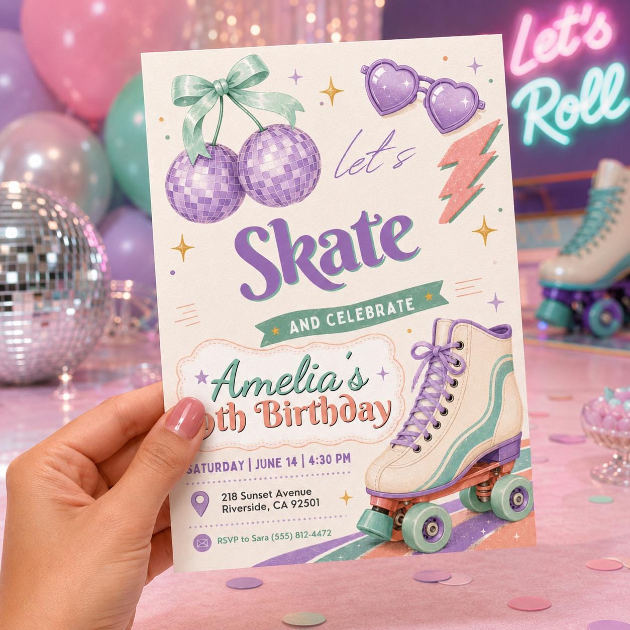 Editable Cherry Birthday Invitation Canva Template, Pink Preppy Girls Teens Cute Fun DIY Chic Kids Party Invite, Printable Digital Download.