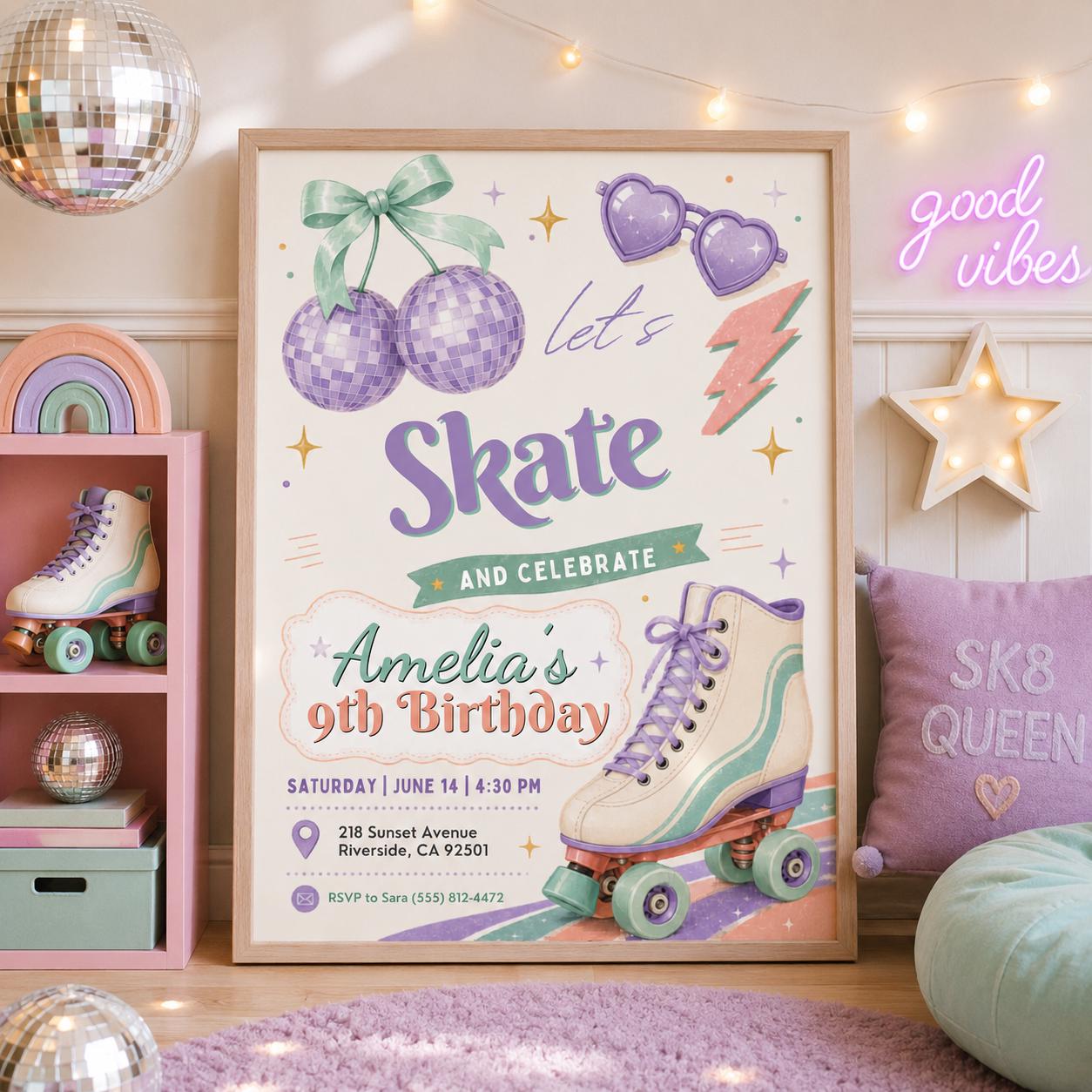 Editable Cherry Birthday Invitation Canva Template, Pink Preppy Girls Teens Cute Fun DIY Chic Kids Party Invite, Printable Digital Download.