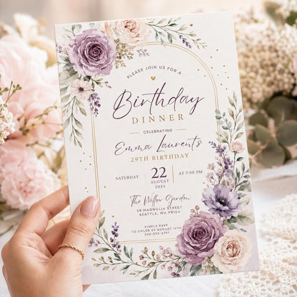 Editable Floral Birthday Invitation Canva Template, Luxury Girls Adult Cute Fun DIY Chic Kids Teen Party Invite, Printable Digital Download.