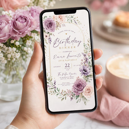 Editable Floral Birthday Invitation Canva Template, Luxury Girls Adult Cute Fun DIY Chic Kids Teen Party Invite, Printable Digital Download.