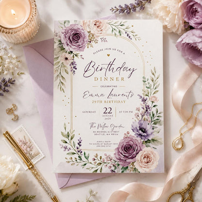 Editable Floral Birthday Invitation Canva Template, Luxury Girls Adult Cute Fun DIY Chic Kids Teen Party Invite, Printable Digital Download.