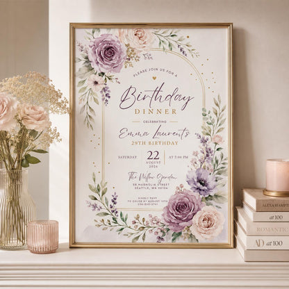 Editable Floral Birthday Invitation Canva Template, Luxury Girls Adult Cute Fun DIY Chic Kids Teen Party Invite, Printable Digital Download.