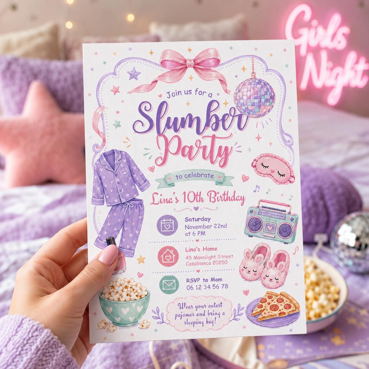 Editable Sleepover Birthday Invitation Canva Template, Girls Kids Teens Cute Modern Fun Themed DIY Party Invite, Printable Digital Download.