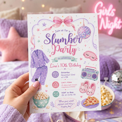 Editable Sleepover Birthday Invitation Canva Template, Girls Kids Teens Cute Modern Fun Themed DIY Party Invite, Printable Digital Download.