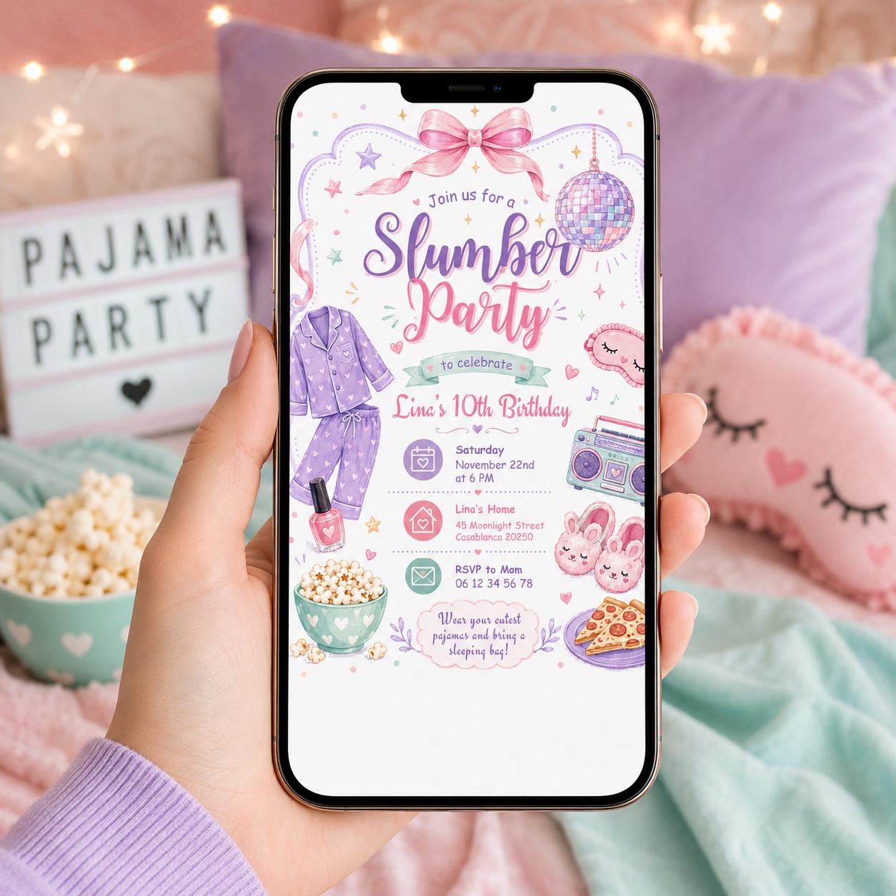 Editable Sleepover Birthday Invitation Canva Template, Girls Kids Teens Cute Modern Fun Themed DIY Party Invite, Printable Digital Download.