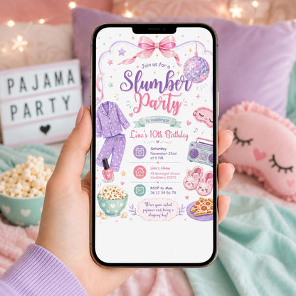 Editable Sleepover Birthday Invitation Canva Template, Girls Kids Teens Cute Modern Fun Themed DIY Party Invite, Printable Digital Download.