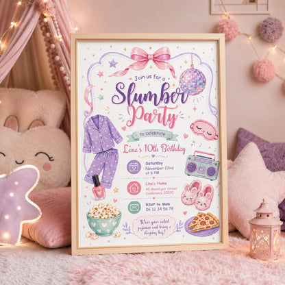 Editable Sleepover Birthday Invitation Canva Template, Girls Kids Teens Cute Modern Fun Themed DIY Party Invite, Printable Digital Download.
