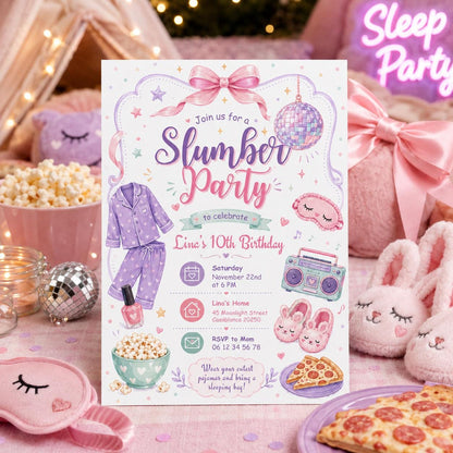 Editable Sleepover Birthday Invitation Canva Template, Girls Kids Teens Cute Modern Fun Themed DIY Party Invite, Printable Digital Download.
