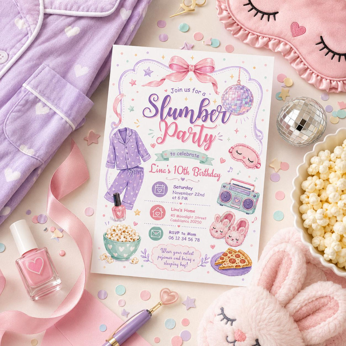 Editable Sleepover Birthday Invitation Canva Template, Girls Kids Teens Cute Modern Fun Themed DIY Party Invite, Printable Digital Download.