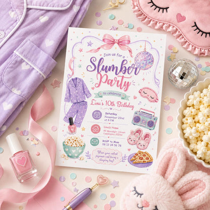 Editable Sleepover Birthday Invitation Canva Template, Girls Kids Teens Cute Modern Fun Themed DIY Party Invite, Printable Digital Download.