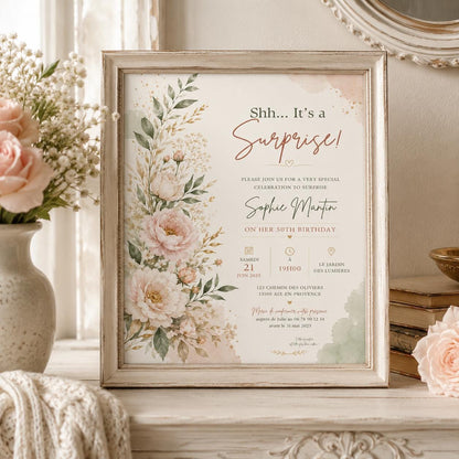 Editable Wildflowers Surprise 70th 80th Birthday Invitation Canva Template, Gold Cute Fun DIY Chic Party Invite, Printable Digital Download.