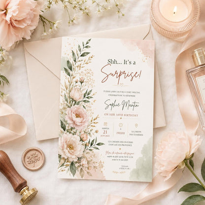 Editable Wildflowers Surprise 70th 80th Birthday Invitation Canva Template, Gold Cute Fun DIY Chic Party Invite, Printable Digital Download.